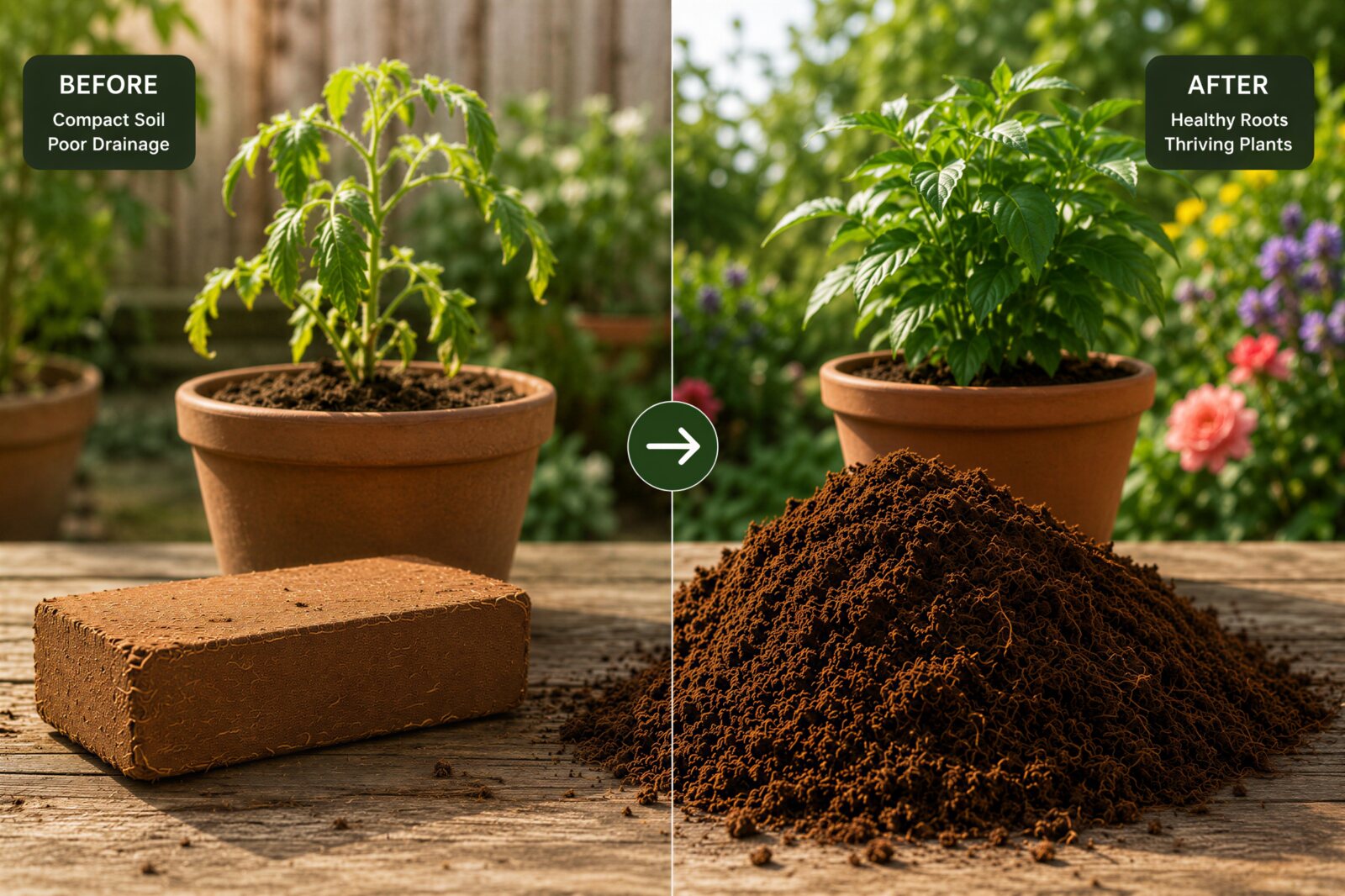 Before and after comparison of compressed coco coir and expanded growing medium