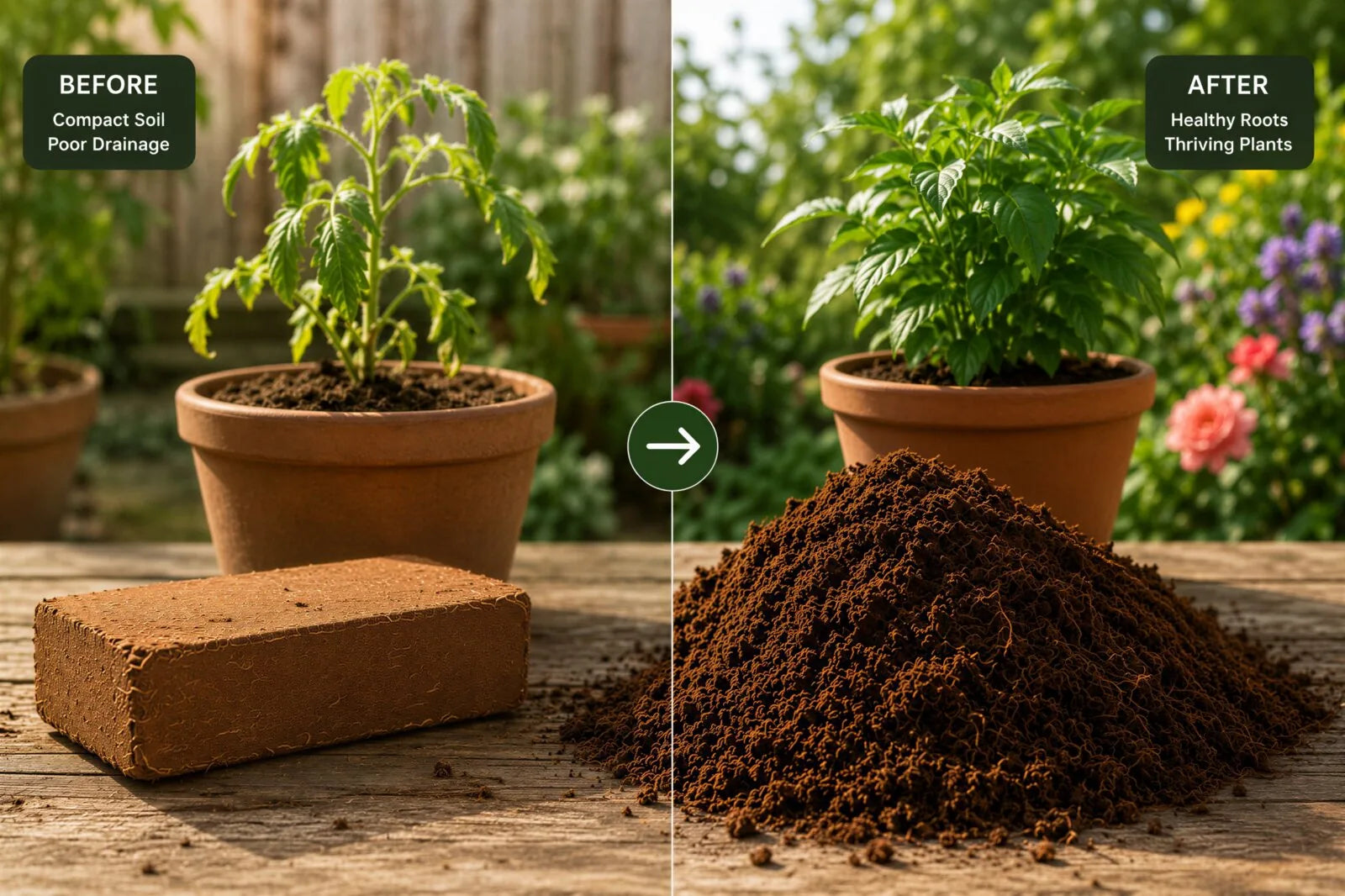 Before and after comparison of compressed coco coir and expanded growing medium