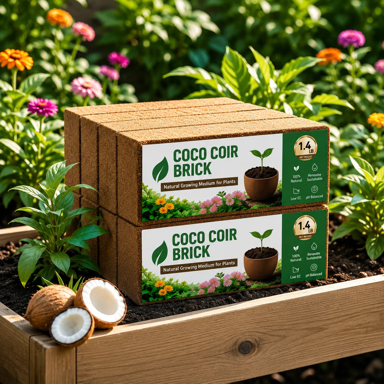 Premium Coco Coir Bricks for Plants in a garden setting