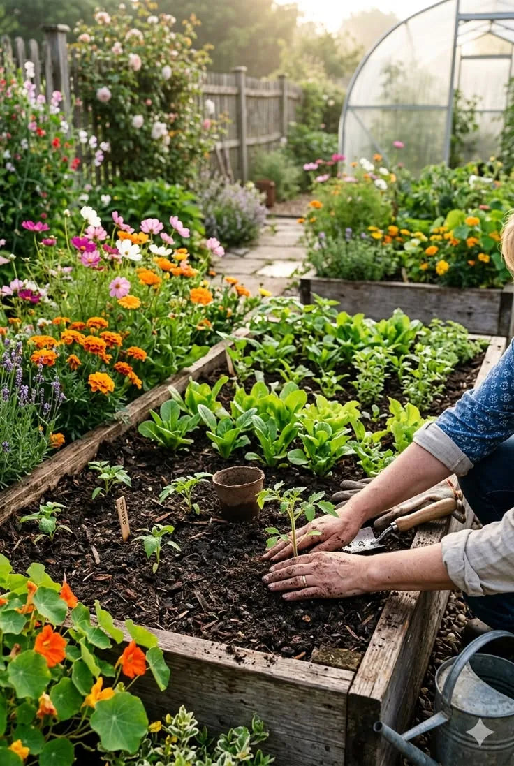 Woman caring for a thriving home garden