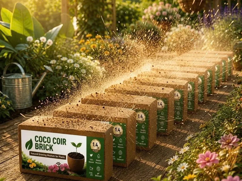 Multiple compact ROVIAE coco coir bricks prepared in a real garden setting